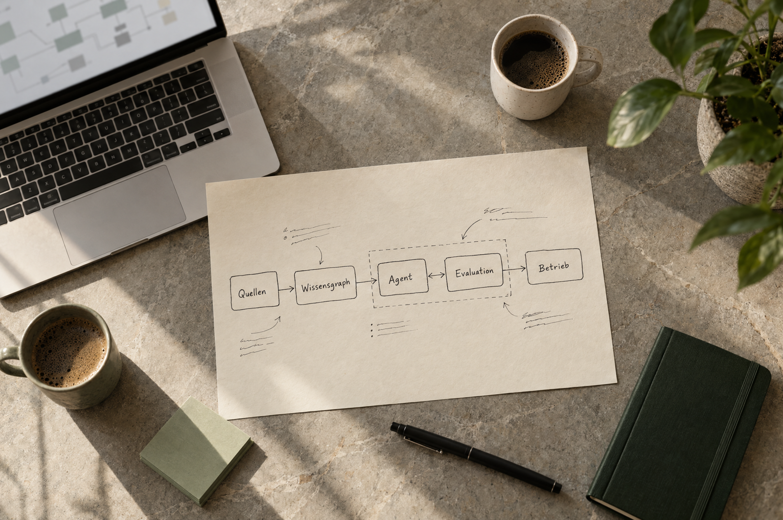 AI-generated illustration: a consulting table with a laptop, two coffee cups and a hand-drawn architecture sketch running from sources through knowledge graph, agent and evaluation to operations