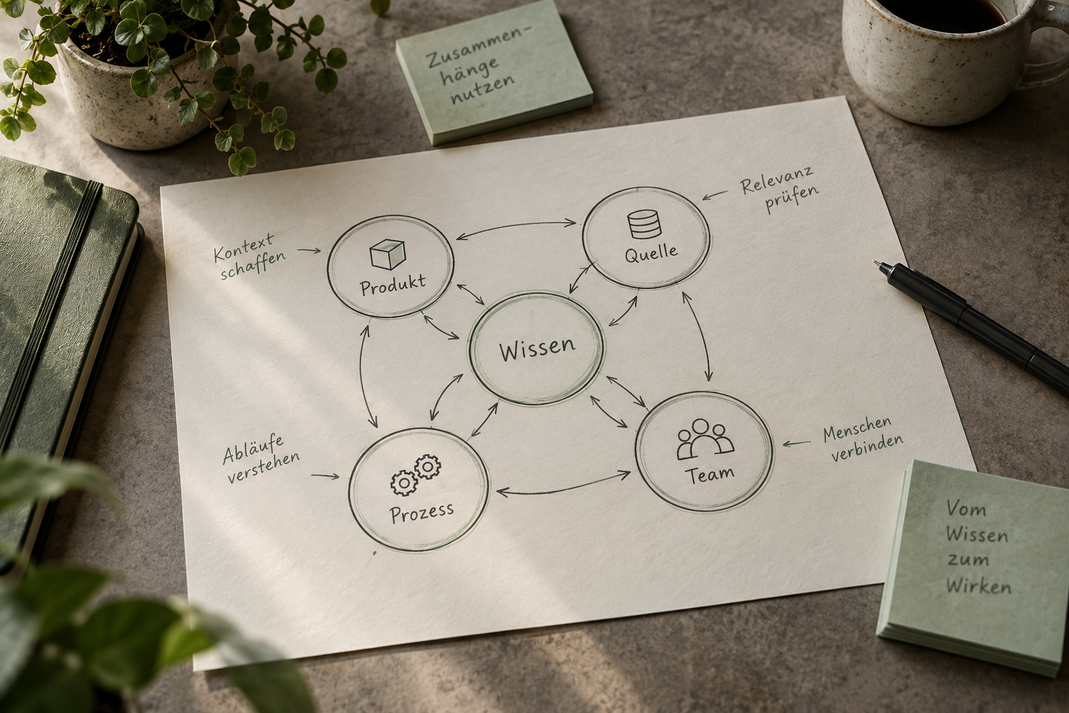 AI-generated illustration: worktable with a hand-drawn knowledge map of product, source, process and team